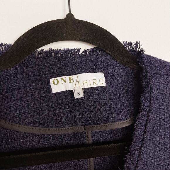 One Third S Navy Blue Tweed Fringe Trim Blazer Jacket 01 Zip Front Collarless - Picture 6 of 9